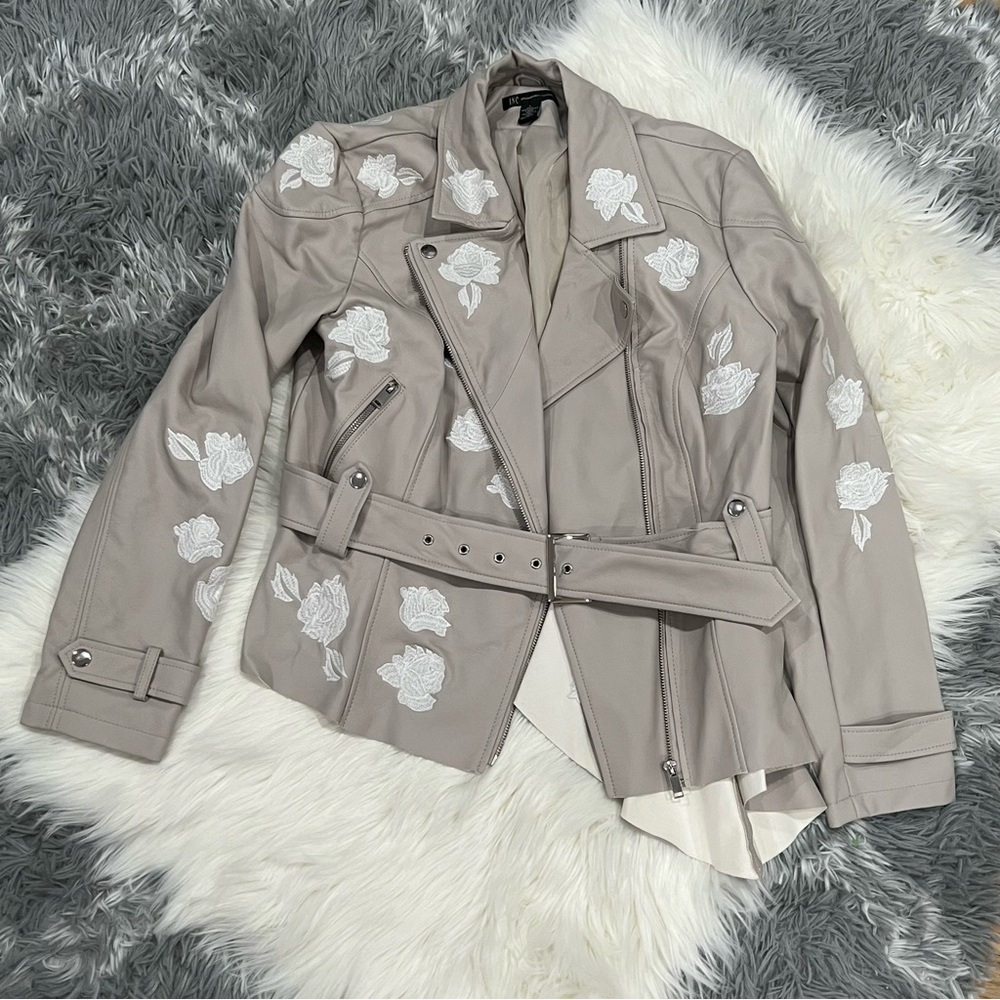 INC International Concepts Beige Floral Faux Leather Jacket - Picture 2 of 15